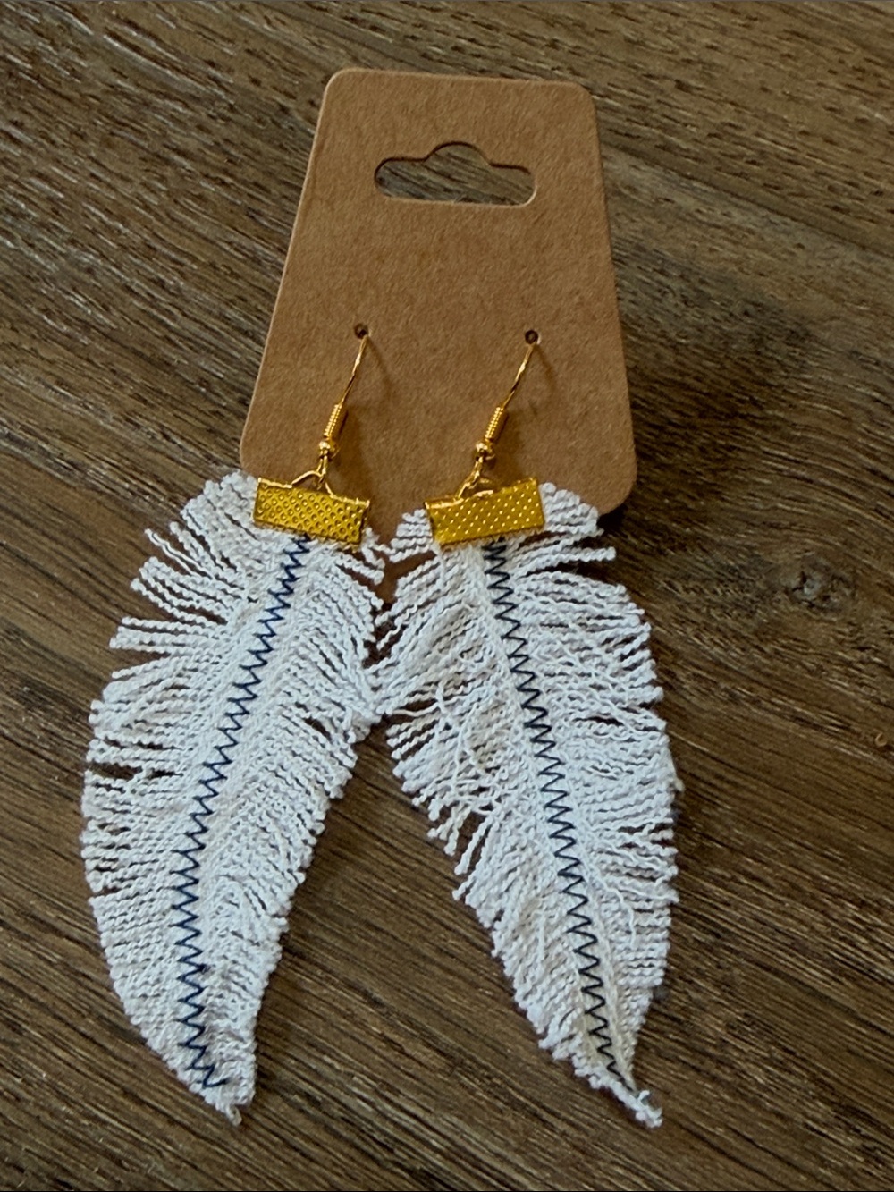 White Fringe Feather Drop Earrings with Gold Accents